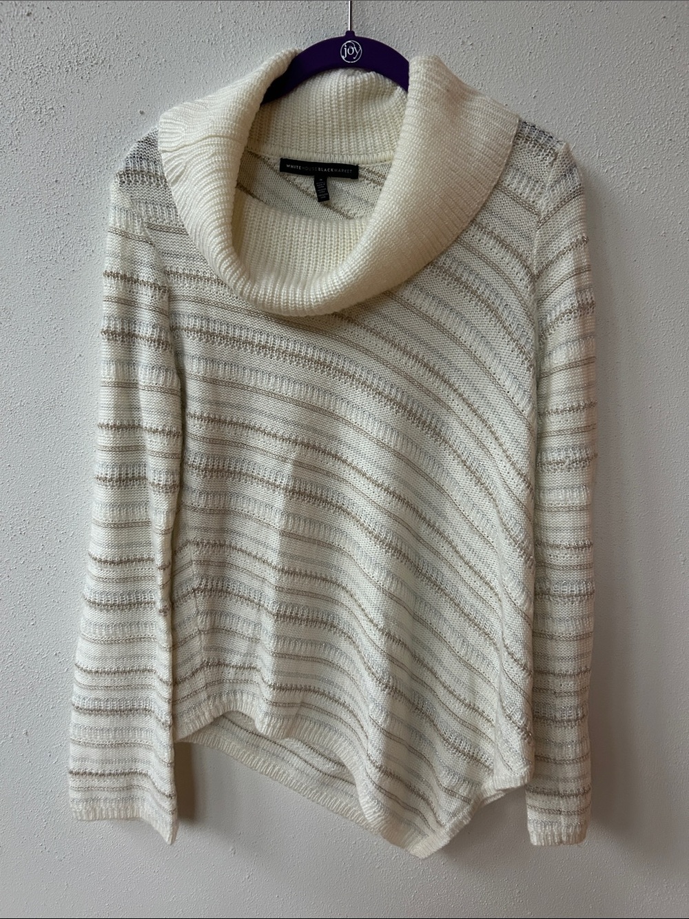 Off White Striped Cowl Neck Sweater with asymmetrical bottom